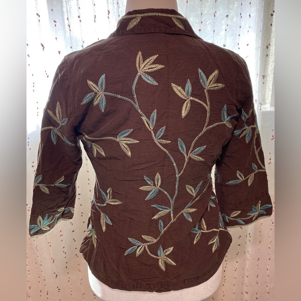 Silkland Brown Jacket 100% Silk Embroidered Button-Front Boho Floral Large - Picture 3 of 7